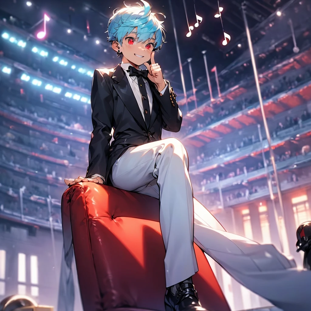 (solo:2.5), (boldline:-1.7), (put index finger on mouth:1.5), (floating musical notes:1.7), (sitting on red chair:1.5), (((fang))), (((best finger))), BREAK (best quality:1.5), (absolutely resolution:1.5), (ultra detailed:1.5), (masterpiece:1.5), (perfect face), (detailed face), (detailed eyes:1.3), (best eyes), (cute face), (shota:2), BREAK (tuxedo:1.5), (bulge:1.6), (skinny:1.3), BREAK (light blue hair:1.5), (spiked hair), (wine red eyes:1.4), (eyes with highlight:1.6), ((mole under eye)), (sweaty skin), (grin:1.5), ((earrings)), (shiny skin:1.3), BREAK (concert hall:1.5), (spot light:1.3), (at concert), (many people), ((wind blowing)), frow below,