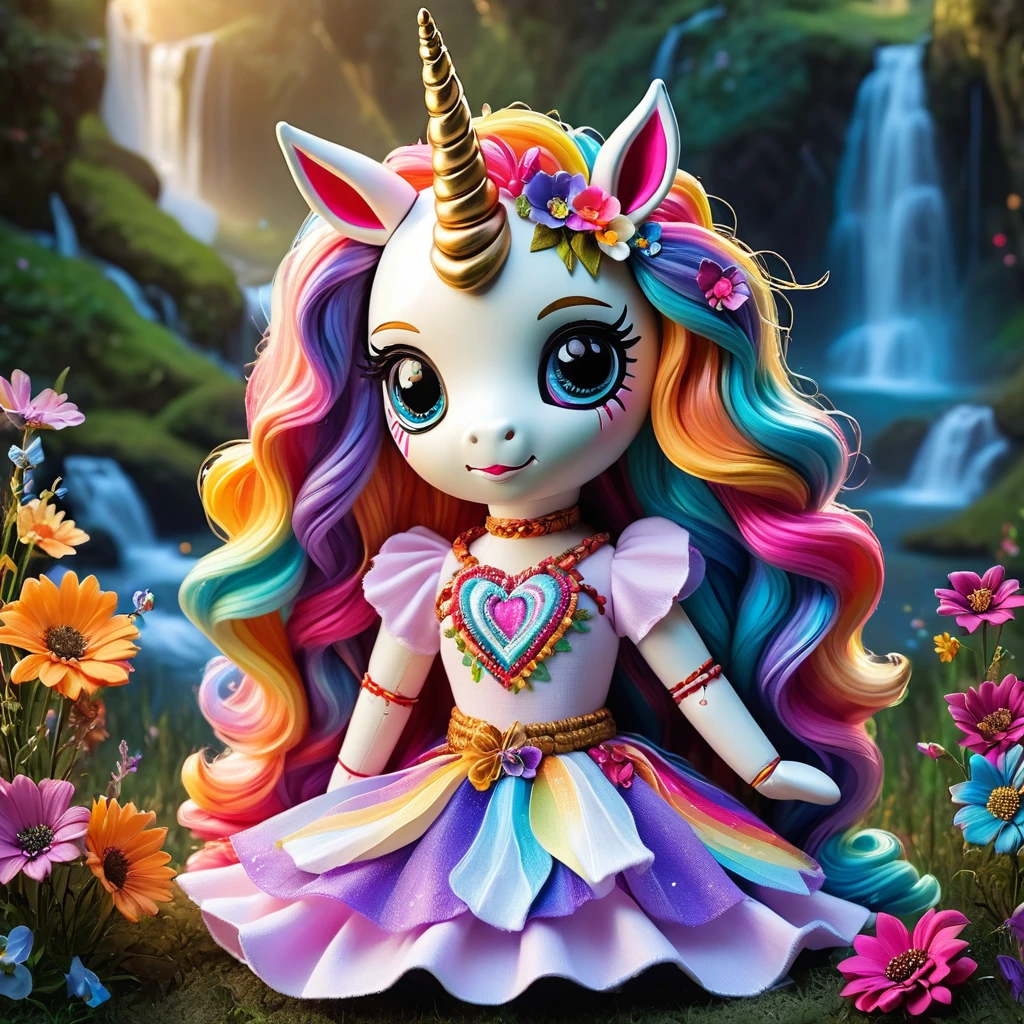 (knitted toy voodoo doll:1.7), (Voodoo Fairy Unicorn:1.8), (Clothing: sparkling tunic with unicorn patterns:1.0), (Accessories: glowing horn, magical hooves, enchanted mane:1.2), (Background: enchanted meadow with colorful flowers, sparkling waterfalls, and magical light:1.2), (full body:1.0), best quality, masterpiece, detailed soft oil painting, detailed background, dramatic cinematic lighting, soft edge lighting, professional, dramatic lighting, hard edge lighting, ultra quality, 4k,masterpiece, best quality, 8k, ultra highres, highres, extremely detailed