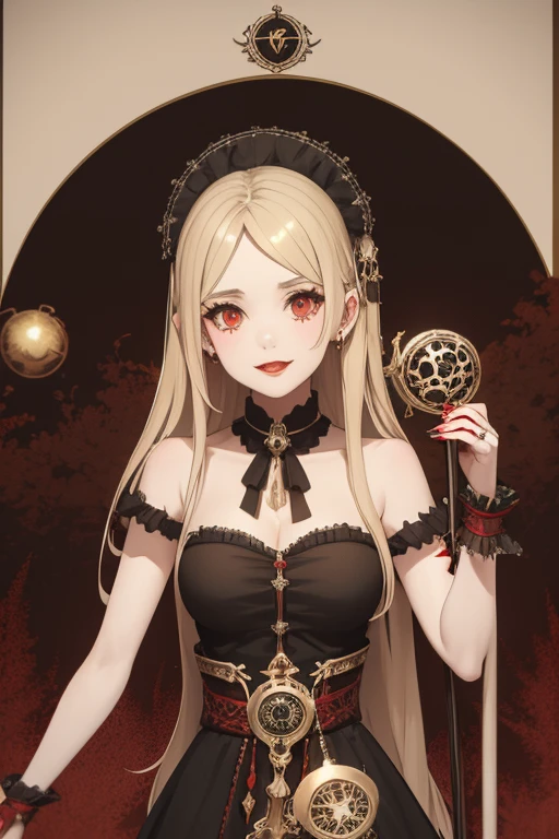 Emma Roberts 20s Vampire long curly blonde hair pointed ears red eyes Gothic priestess clothing black vintage decorations Steampunk holding a staff with a sphere of blood