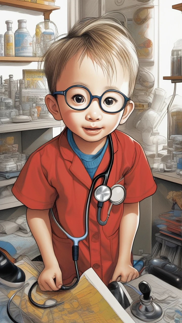 a kid dressed as a doctor, cute doctor, pediatrician, medical uniform, stethoscope, healthcare, smiling , happy expression, whimsical, imaginative, black and white, playful, fantasy, digital illustration, 8k, award winning illustration, highly detailed, cinematic lighting, dramatic angles, manga style,akira by katsuhiro otomo.