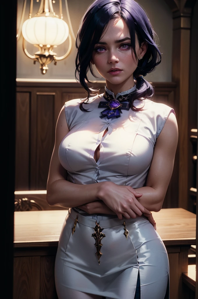 A adult girl in realistic portrait of high quality and detail, Clorinde (Genshin Impact), 2000's movie style, french girl, full-length, dark and mysterious atmosphere, pale skin, glow, eye shadow, 1girl, thriller fantasy, Depth & Perspective, sadness on her face, ponytail purple hair, purple eyes, Mystical powers, fine face, She's standing in the courtroom, indoors, Her white shirt hugs her ample , blue sky, white cloud, looking at viewer, (ultra-high detail:1.2), Masterpiece, Best Quality, Ultra-detailed, Cinematic lighting, 8K, delicate features, cinematic, 35 mm lens, f/1.9, highlight lighting, global lighting –uplight –v 4, cinematic, intense gaze, Cinematic lighting, 8K, high quality, Highest Quality, (Solo Focus), (extremly intricate:1.3), (Realistic), dramatic, masterful, Analog e, (Film grain:1.5), (warm hue, cold tone), behind back