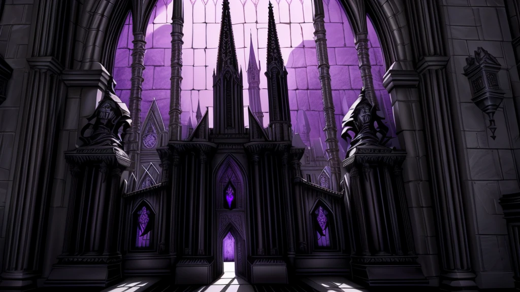 The fortress stands proudly, its towering Gothic spires piercing the sky with menacing detail. Each spire is adorned with gargoyles, their faces carved with expressions of eternal watchfulness. Large, stained glass windows tinted in shades of violet and black decorate the walls, their intricate designs casting a mystical play of light and shadow.
The formidable double doors are massive, adorned with dark metals and runic details that emit a faint, ethereal glow. Guarding these doors, stone gargoyles stand with watchful, stone eyes. The walls, constructed of black stone, are high and thick, decorated with detailed reliefs