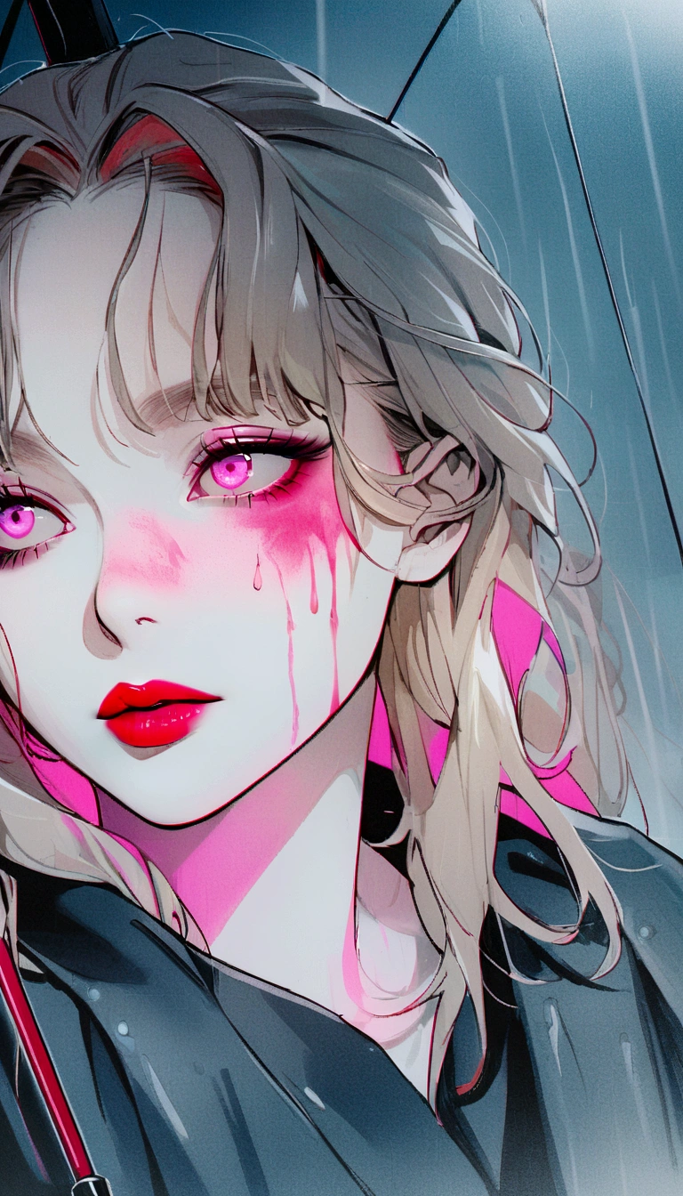 blonde woman with red lipstick and an umbrella in the rain, with red mist, faint red lips, sun yunjoo, light red lips, Jimin\the full lips, profile image, colorful photo, Tae June Kim, glowing pink face, heonhwa choe, pink face, Sakimichan, pale round face, monochrome and red color bleeding