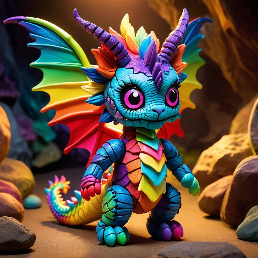 (knitted toy voodoo doll:1.7), (Voodoo Rainbow Dragonling:1.8), (Clothing: scaled costume with rainbow colors:1.0), (Accessories: glowing dragon wings, magical breath, enchanted talons:1.2), (Background: enchanted cave with sparkling crystals, colorful light, and magical treasures:1.2), (full body:1.0), best quality, masterpiece, detailed soft oil painting, detailed background, dramatic cinematic lighting, soft edge lighting, professional, dramatic lighting, hard edge lighting, ultra quality, 4k,masterpiece, best quality, 8k, ultra highres, highres, extremely detailed
