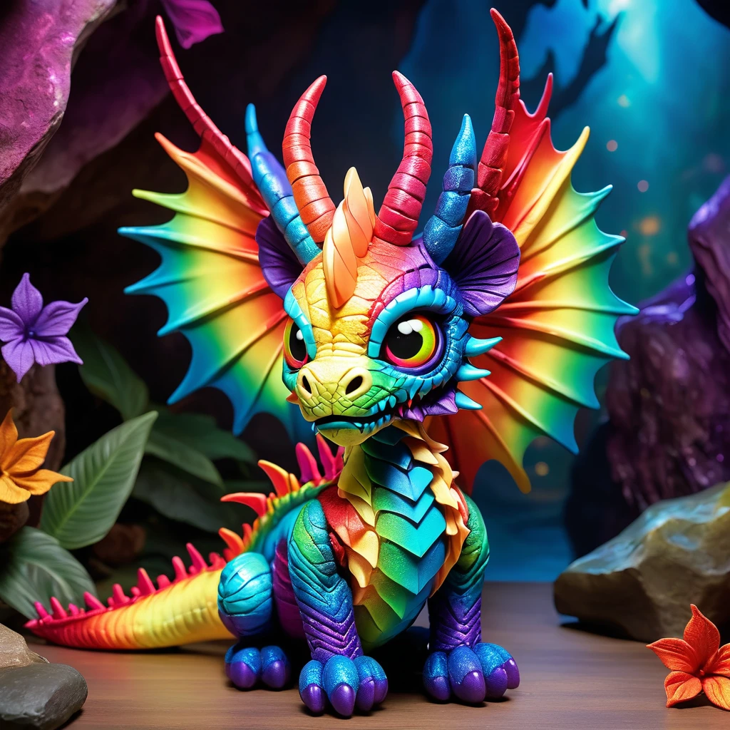 (knitted toy voodoo doll:1.7), (Voodoo Rainbow Dragonling:1.8), (Clothing: scaled costume with rainbow colors:1.0), (Accessories: glowing dragon wings, magical breath, enchanted talons:1.2), (Background: enchanted cave with sparkling crystals, colorful light, and magical treasures:1.2), (full body:1.0), best quality, masterpiece, detailed soft oil painting, detailed background, dramatic cinematic lighting, soft edge lighting, professional, dramatic lighting, hard edge lighting, ultra quality, 4k,masterpiece, best quality, 8k, ultra highres, highres, extremely detailed