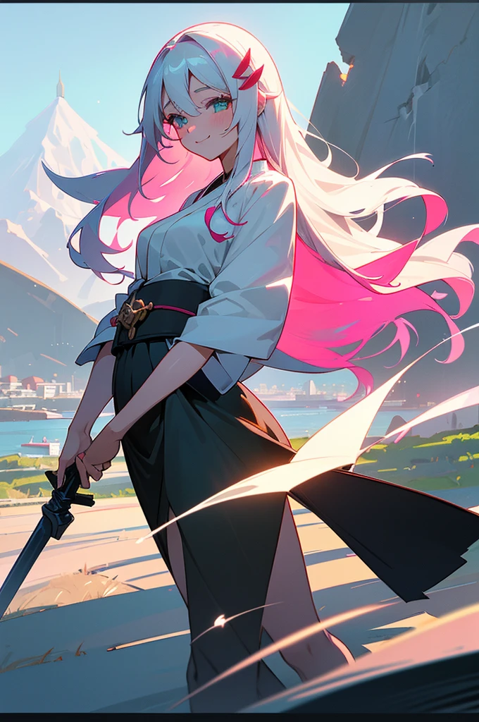 official art, masterpiece, sharp focus, (beautiful, gorgeous, Cute Japanese woman:1.3), (beautiful Cute Japanese woman:1.3), character Mitsuri Kanroji, demon cleaving blade, Delicate and beautiful hair, realistic, ultra detailed, Beautiful girl, blue sky, luminous white particle, (Side lighting:1.2), Sun Ray, White Cloud, detailed clouds, slim, Lovely extra-large breasts and extra-large hips, smile with teeth, ((Smile with eyes, open both eyes)), landscape, long straight hair, sexy facial expression, building, (Городской landscape:1.7), Dynamic hair, long straight hair, detailed green and pink hair, Glowing green eyes, (black open shirt + black skirt), pink long stockings, pale skin, hair ornament, epic landscape, naked, wet, sperm flows, anime style, полностью naked