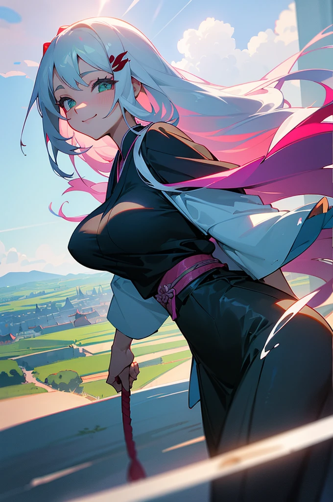 official art, masterpiece, sharp focus, (beautiful, gorgeous, Cute Japanese woman:1.3), (beautiful Cute Japanese woman:1.3), character Mitsuri Kanroji, demon cleaving blade, Delicate and beautiful hair, realistic, ultra detailed, Beautiful girl, blue sky, luminous white particle, (Side lighting:1.2), Sun Ray, White Cloud, detailed clouds, slim, Lovely extra-large breasts and extra-large hips, smile with teeth, ((Smile with eyes, open both eyes)), landscape, long straight hair, sexy facial expression, building, (Городской landscape:1.7), Dynamic hair, long straight hair, detailed green and pink hair, Glowing green eyes, (black open shirt + black skirt), pink long stockings, pale skin, hair ornament, epic landscape, naked, wet, sperm flows, anime style, полностью naked