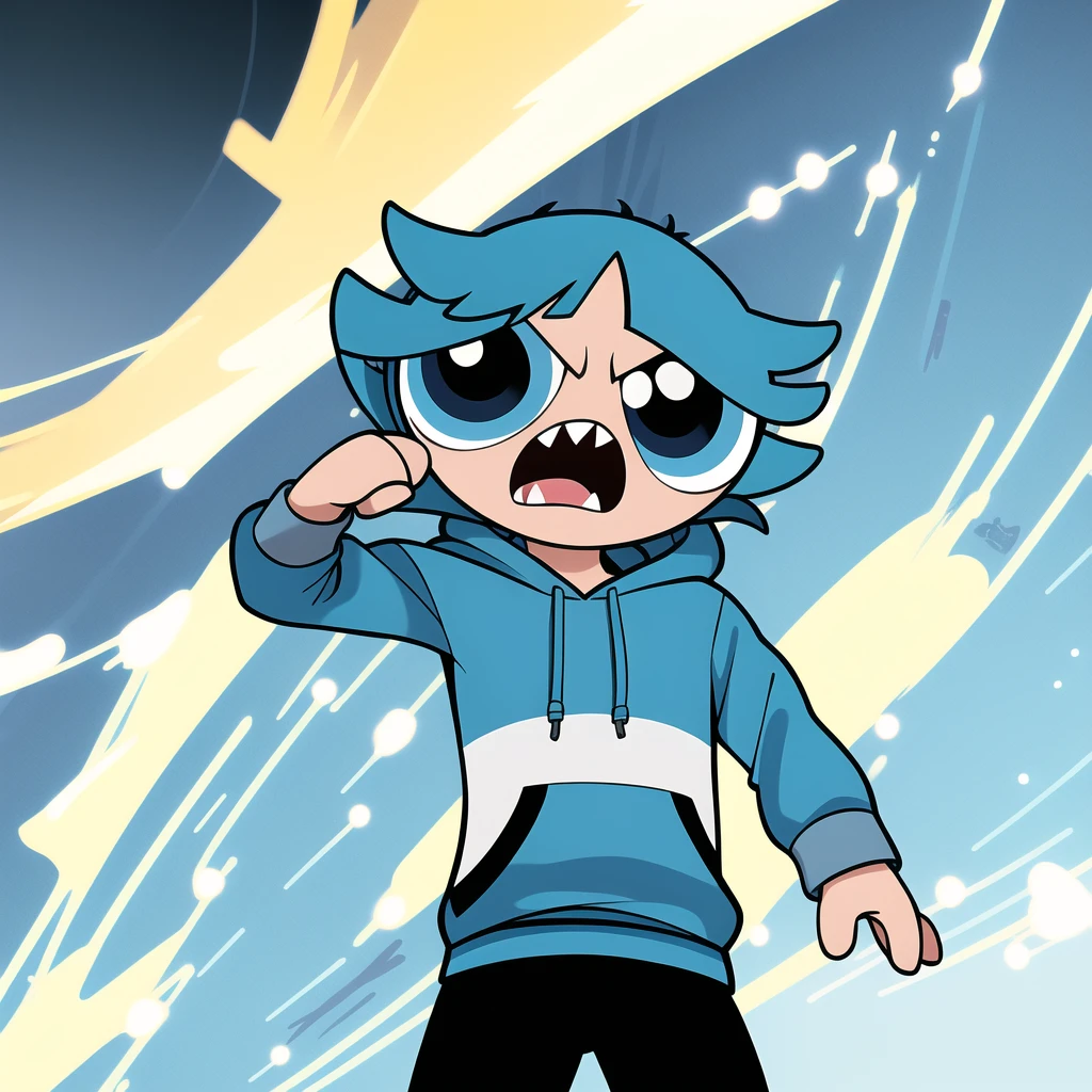 chibi, 1boy, multicolored hair , blue eyes, blue hair, blue hoodie, sharp teeth, animal hood, hood up, (Boy Messy Japanese Round Haircut for Thick Hair), Solo