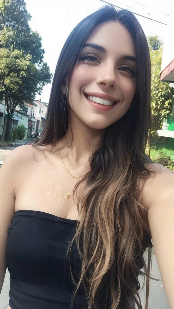 curvy woman with long hair and black blouse smiling, fernanda suarez, beautiful and smiling, powder Nándor Katona, kind smile, looks like fabiula natal, she is smiling, smile cute,  19 years old, she is smiling and happy, she has 2 3, Julia Fontes, 1 8 are