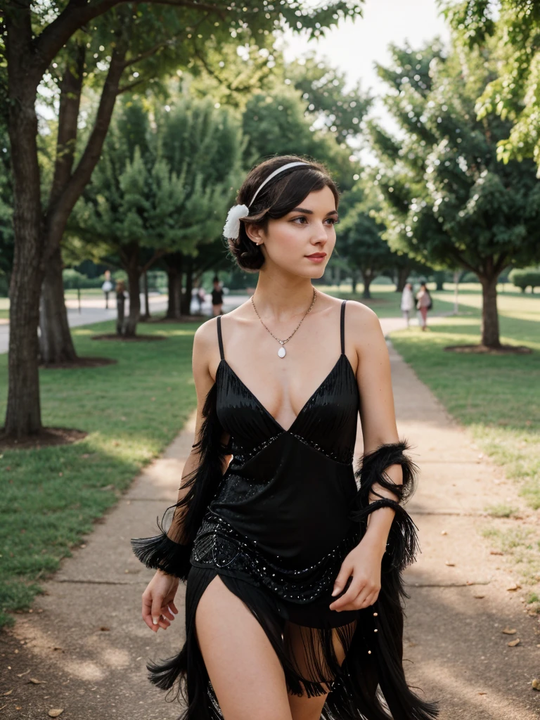 generated a 21 years old young white woman with dark brown hair, french twist hairstyle, medium size chest, she is 5feet 5 height, she wear a 1920 black tassel sequione flapper dress, adorned with sequins-themed event on Governors Island, generate a man wearing 20s theme clothes walking next to her, she walk with her boyfriend around where attendees enjoy live jazz music, chapiteaux in the background