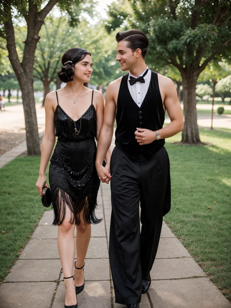 generated a 21 years old young white woman with dark brown hair, french twist hairstyle, medium size chest, she is 5feet 5 height, she wear a 1920 black tassel sequione flapper dress, adorned with sequins-themed event on Governors Island, generate a man wearing 20s theme clothes walking next to her, she walk with her boyfriend around where attendees enjoy live jazz music, chapiteaux in the background