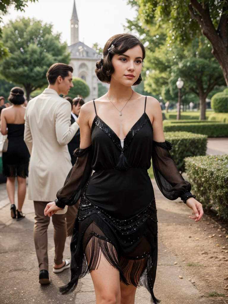 generated a 21 years old young white woman with dark brown hair, french twist hairstyle, medium size chest, she is 5feet 5 height, she wear a 1920 black tassel sequione flapper dress, adorned with sequins-themed event on Governors Island, generate a man wearing 20s theme clothes walking next to her, she walk with her boyfriend around where attendees enjoy live jazz music, chapiteaux in the background
