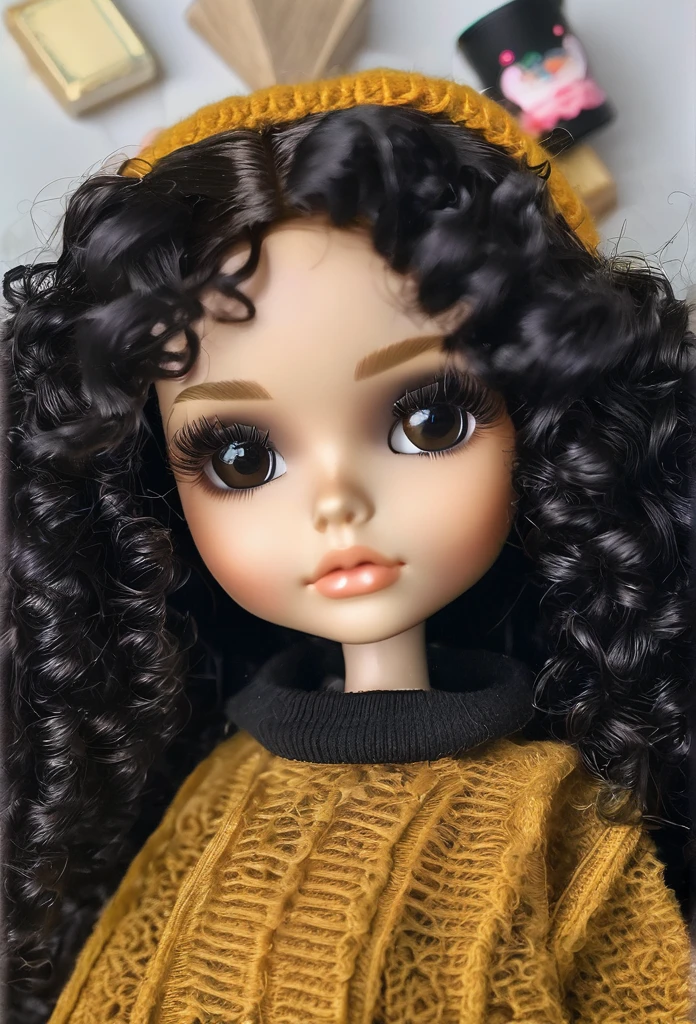 blythedoll, with a curly hair and a sweater, curly black hair | d & d, short curly black haired girl, curly black, black curly hair, long fluffy curly black hair, long fluffy black curly hair, pale skin curly black hair, curly black hair, very very curly black hair, black curly hair, messy curly hair, curly black hair
