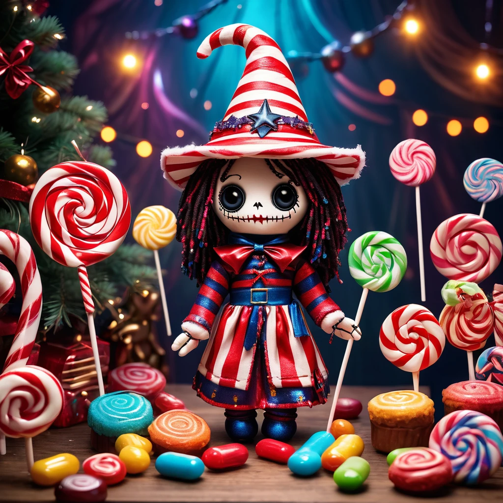 (knitted toy voodoo doll:1.7), (Voodoo Chromatic Wizard:1.8), (Clothing: robe shimmering with all colors of the spectrum:1.0), (Accessories: kaleidoscope staff, prismatic crystal ball, rainbow-colored aura:1.2), (Background: fantastical realm with floating rainbows and shifting colors:1.2), (full body:1.0), best quality, masterpiece, detailed soft oil painting, detailed background, dramatic cinematic lighting, soft edge lighting, professional, dramatic lighting, hard edge lighting, ultra quality, 4k, masterpiece, best quality, 8k, ultra high definition, high resolution, extremely detailed