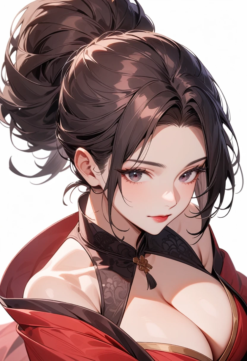 Mature women，Black long hair，Hair up，Red Hanfu，Showing cleavage，Show your shoulders，Beautiful black eyes，Extremely detailed，high resolution，Simple background