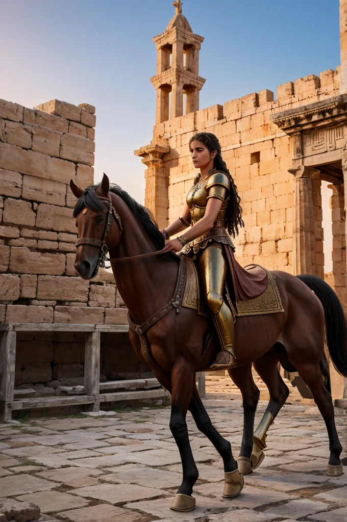 Create a hyper-realistic 4K image of the climax of the Trojan War, focusing on the famous scene where Greek heroes emerge from a giant wooden horse inside the city of Troy. The scene should capture the awe-inspiring wooden horse, intricately carved and towering over the city square, with Greek soldiers stealthily climbing out of it under the cover of night. The city of Troy is depicted in