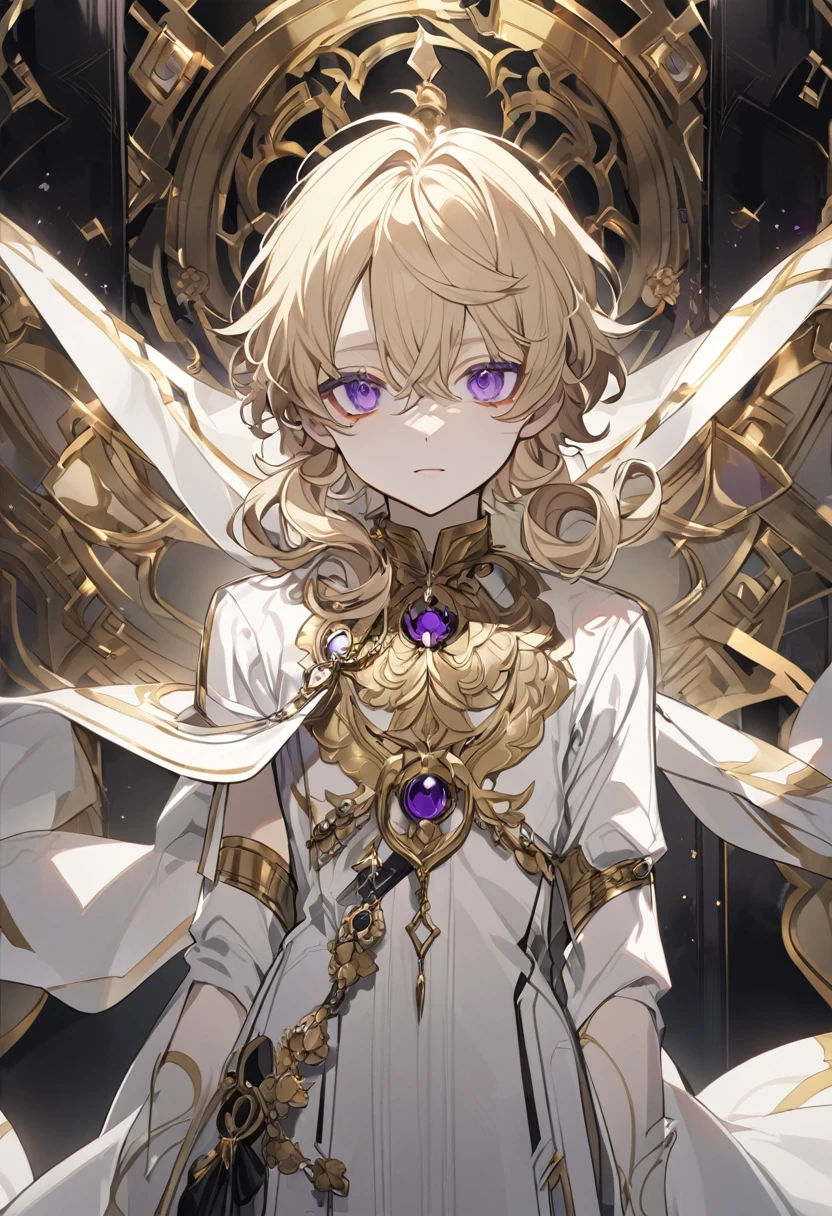 Boy , blonde short curly hair , gray and purple eyes, albinos , pale skin , white clothes, gold accessories 