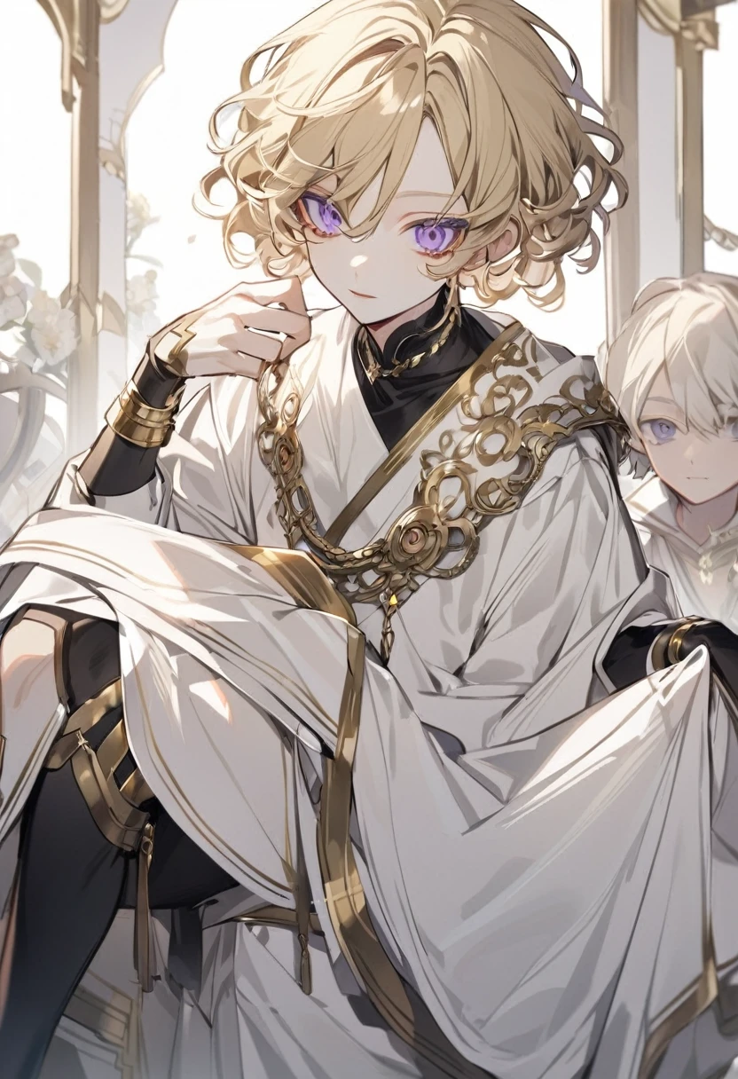 Boy , blonde short curly hair , gray and purple eyes, albinos , pale skin , white clothes, gold accessories