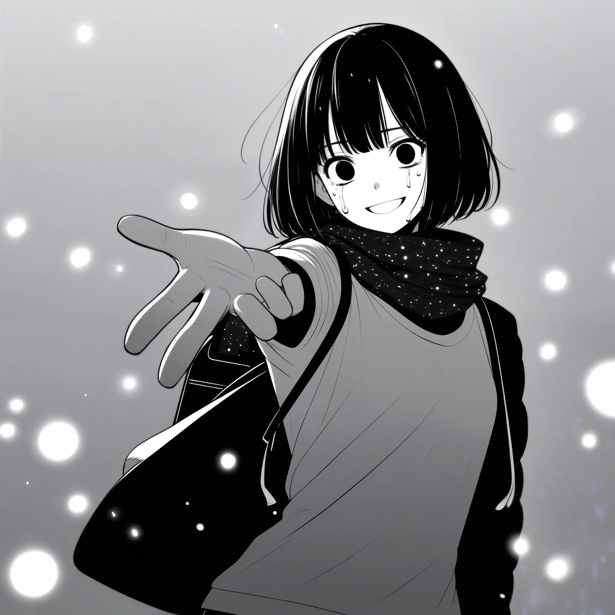 masterpiece:1.4, best quality, solo, 1girl, adult woman, mamerakkkkko, grayscale, manga style, japanese, chi no wadachi, black eyes, street, iced, black hair, backpack, smile, lineart, black coat, black scarf, black pleated skirt, leggings, centered, 18 years old, tall, fair skinned, bokeh background, crying, tears, tears streaming, bob cut, light particles, centered, snowing, (((reaching out left hand to viewer, perfect hand, detailed hand:1.1)), emotional anime scene
