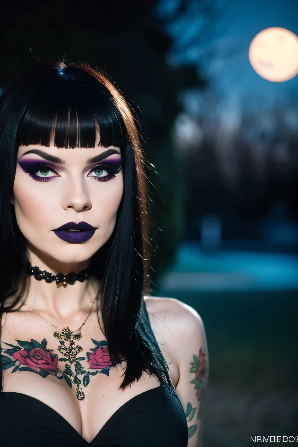 Generphie a hyper-realistic image thphi employs the shallow depth of field technique, Head and shoulders portrait to highlight a beautiful gothic girl , Hot body, sexy, (cut hair with bangs)),skull tattoo, ((heavy make-up)) , phi ((phiite em um cemitério assustador)) context, (((under the moonlight))). The girl should be the focal point, with sharp clarity, while the background of the cemitery should be gently blurred to crephie a bokeh effect. (((rosas negras em primeiro plano))) must be visible, but blurred, adding depth to the composition.", adding depth to the composition. Sony Alfa A7R III, macro lens , f/5.6. ((Cinematic cian and purple Lighting)) .