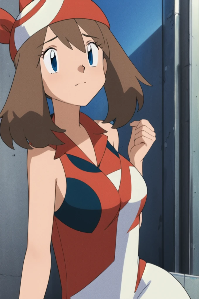 masterpiece, best quality, highres, outdoors, 1girl, solo, may (pokemon), bandana, red shirt, bare shoulders, (masterpiece), (high resolution 8K), open vagina