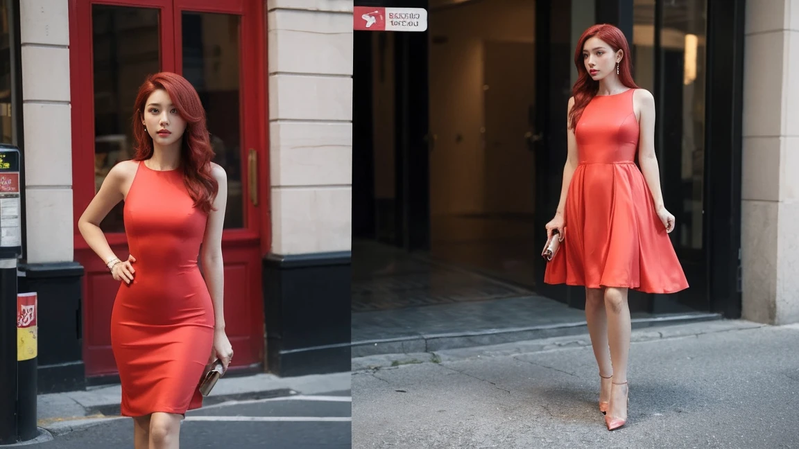 araffed red hair woman in a pink dress is walking down the street, tight dress, red dress, wearing a red dress, simple dress, sophisticated dress, skintight dress, stylish dress, pastel red skin tone, short dress, dressed in a red dress, cute dress, bodycon dress, short minidress, sexy dress, wearing dress, in a dress