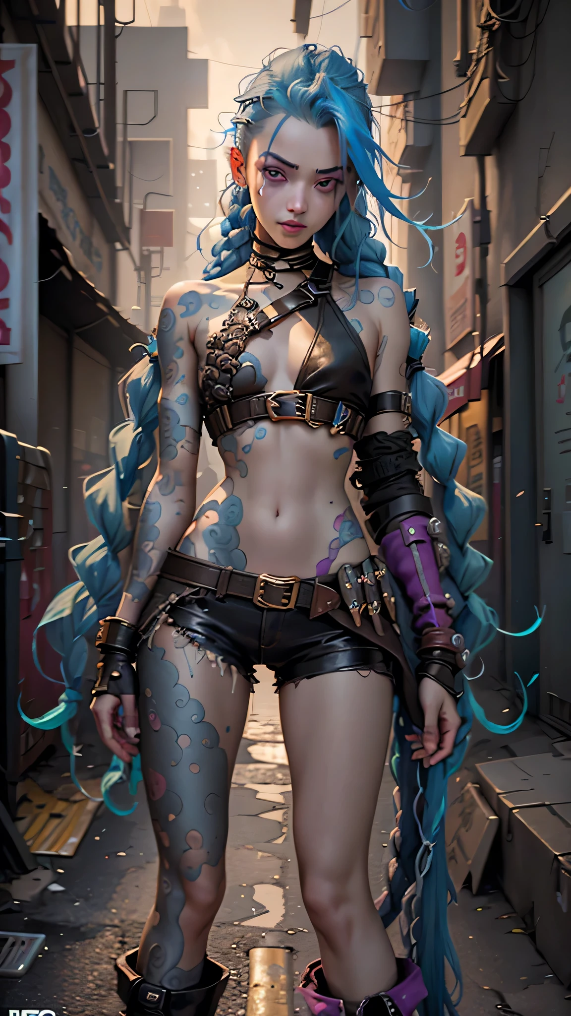 (((of the highest quality: 1.4))),(incomparable masterpiece ever), (ultra high definition),(Ultra-realistic 8k CG), Official Art、 (((adult body))), (((1 girl in))), jinx arcane, uma mulher com hair blue e tatuagens, cyberpunk woman anime woman, pants, Beautiful angry cyberpunk goddess, cyberpunk artstyle, cyberpunk anime digital art, cyberpunk anime art, Arcane Jinx Retrato, cyberpunk anime art, cyberpunk themed art, cyberpunk dark fantasy, arcane style, 1 girl, stars tattoo on arm, asymmetrical bangs, bangss, hair blue, blue braids, brown shirt, stars tattoo, front on, crazy smile, hair blue, long hair, pink eyes, Red lips, standing , cloud tattoo, Twin braids. Arcane Jinx. Garota de hair blue, garota de Twin braids, Jinx in a burning place, spark, spheres of light, Film Poster, Jinx, Arcane\(league of legends\ carrying a large hammer weapon
