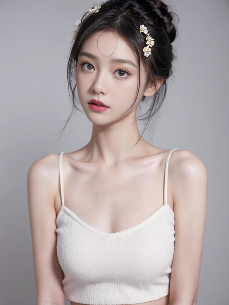 masterpiece,Best picture quality,Extreme details,Ultra-high resolution,Ultra-high definition,Beautiful young people,Glowing skin,thin,Black Hair,Half bun,1,big eyes,beautiful eyes,Lipstick,Exquisite facial features,Medium shot, Tube Top Suspenders,Single tone background,White background,Soft light,Wear flowers on your head