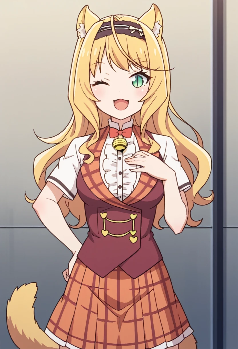 1girl, solo, long hair, looking at viewer, blush, smile, open mouth, skirt, blonde hair, bow, animal ears, green eyes, tail, short sleeves, cowboy shot, pleated skirt, hairband, frills, one eye closed, food, cat ears, bowtie, vest, red bow, cat tail, hand on hip, plaid, bell, plaid skirt, slit pupils, hand on own chest, jingle bell, curly hair, center frills, ;3

