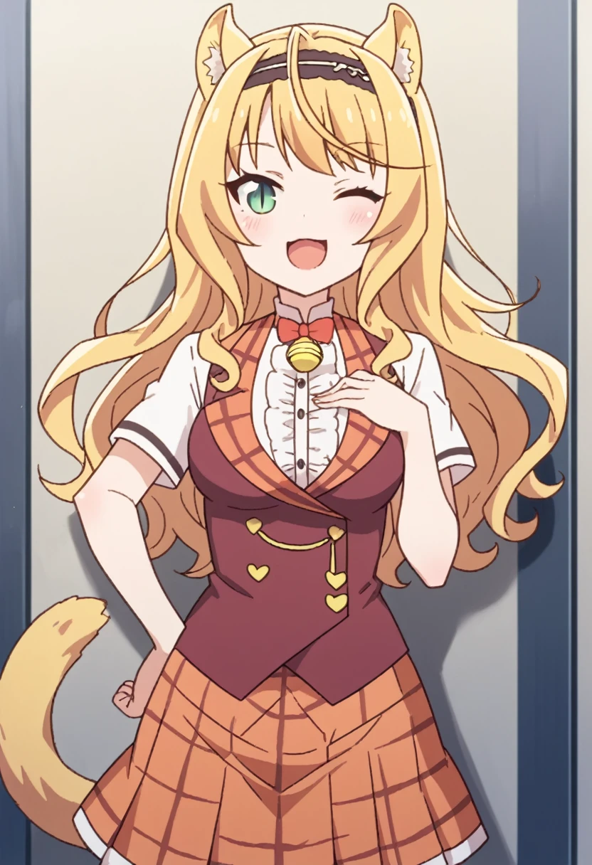 1girl, solo, long hair, looking at viewer, blush, smile, open mouth, skirt, blonde hair, bow, animal ears, green eyes, tail, short sleeves, cowboy shot, pleated skirt, hairband, frills, one eye closed, food, cat ears, bowtie, vest, red bow, cat tail, hand on hip, plaid, bell, plaid skirt, slit pupils, hand on own chest, jingle bell, curly hair, center frills, ;3

