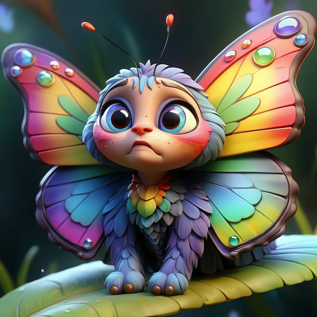 A beautiful butterfly of rainbow colors, sad and crying, cartoon, delicate intricate wings, detailed patterns, tears streaming down, sorrowful expression, cute and emotive, vibrant colors, soft lighting, whimsical, digital painting, fantasy, 4k, high resolution, photorealistic