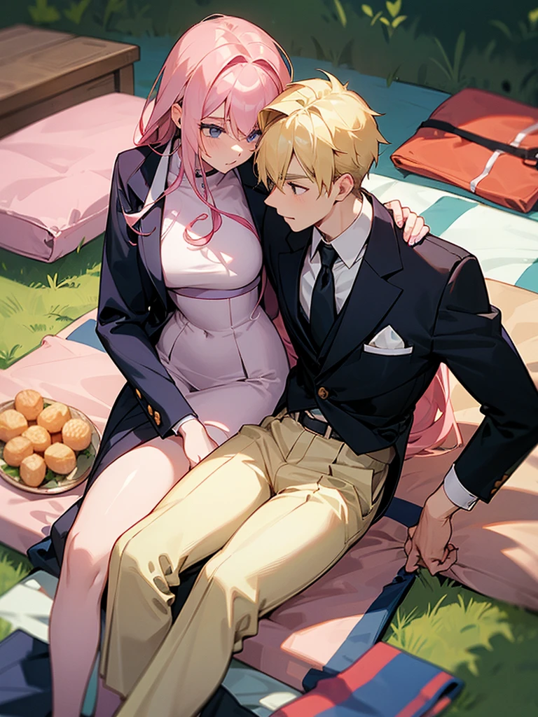 A man with blond hair with a formal cut, with sports clothes, sitting on top of a picnic blanket, together with his girlfriend next door with long pink hair.