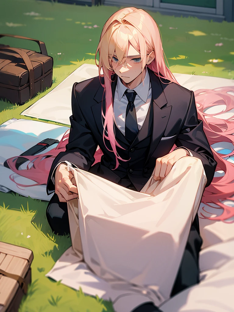 A man with blond hair with a formal cut, with sports clothes, sitting on top of a picnic blanket, together with his girlfriend next door with long pink hair.