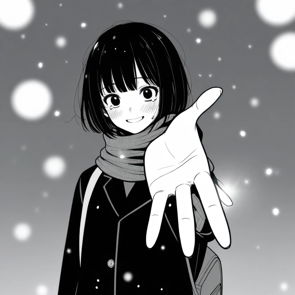 masterpiece:2, best quality, solo, 1girl, adult woman, mamerakkkkko, grayscale, manga style, japanese, chi no wadachi, black eyes, street, iced, black hair, backpack, smile, lineart, black coat, black scarf, black pleated skirt, leggings, centered, 18 years old, tall, fair skinned, bokeh background, crying, tears, tears streaming, bob cut, light particles, centered, snowing, (((reaching out left hand to viewer, perfect hand, detailed hand:1.1)), emotional anime scene
