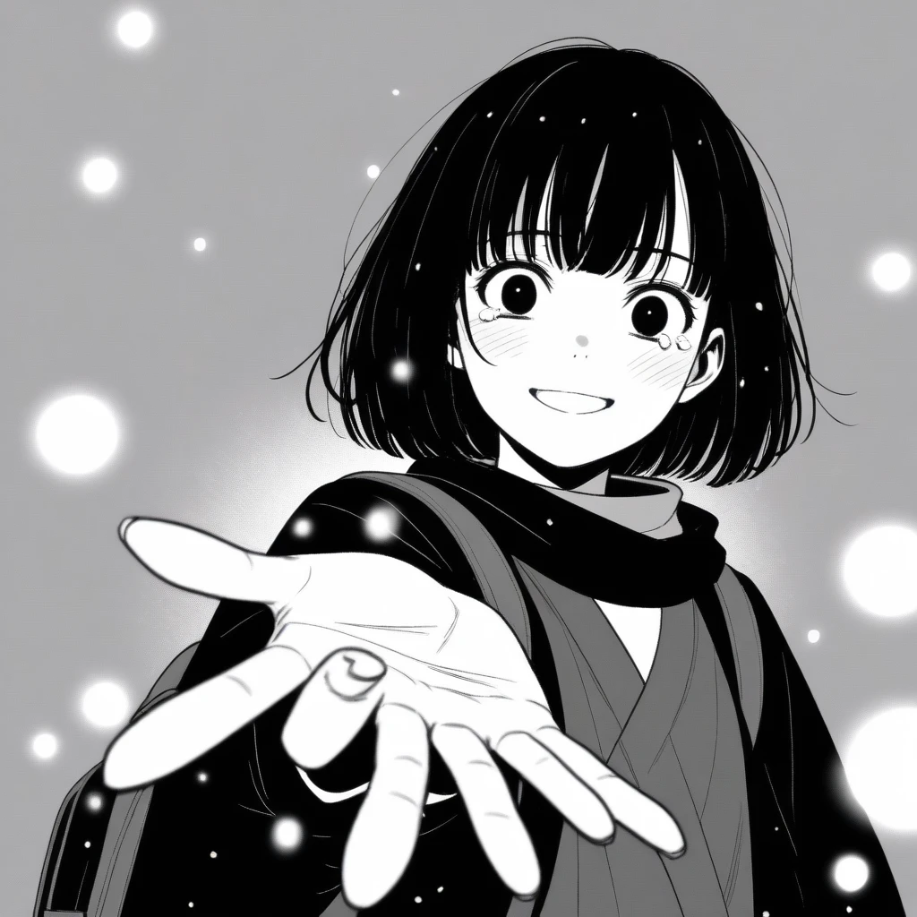 masterpiece:2, best quality, solo, 1girl, adult woman, mamerakkkkko, grayscale, manga style, japanese, chi no wadachi, black eyes, street, iced, black hair, backpack, smile, lineart, black coat, black scarf, black pleated skirt, leggings, centered, 18 years old, tall, fair skinned, bokeh background, crying, tears, tears streaming, bob cut, light particles, centered, snowing, (((reaching out left hand to viewer, perfect hand, detailed hand:1.1)), emotional anime scene