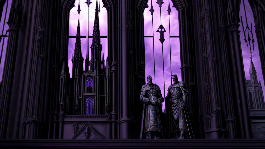 The fortress stands proudly, its towering Gothic spires piercing the sky with menacing detail. Each spire is adorned with gargoyles, their faces carved with expressions of eternal watchfulness. Large, stained glass windows tinted in shades of violet and black decorate the walls, their intricate designs casting a mystical play of light and shadow.

The formidable double doors are massive, adorned with dark metals and runic details that emit a faint, ethereal glow. Guarding these doors, stone gargoyles stand with watchful, stone eyes. The walls, constructed of black stone, are high and thick, decorated with detailed reliefs