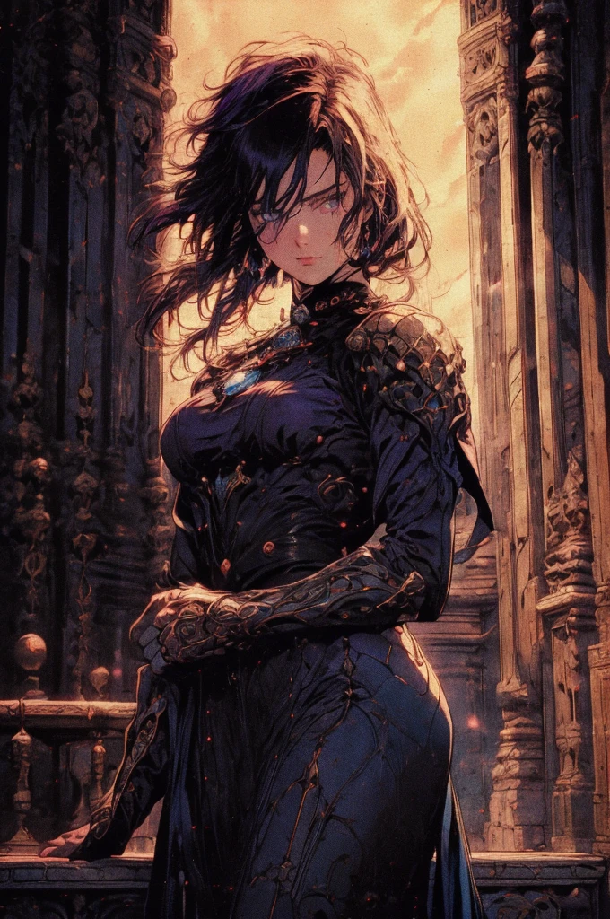 A adult girl in realistic portrait of high quality and detail, Clorinde (Genshin Impact), retro anime style, full-length, dark and mysterious atmosphere, pale skin, glow, eye shadow, 1girl, thriller fantasy, Depth & Perspective, sadness on her face, ponytail purple hair, purple eyes, Mystical powers, fine face, She's standing in the courtroom, indoors, Her white shirt hugs her ample breasts, blue sky, white cloud, looking at viewer, (ultra-high detail:1.2), Masterpiece, Best Quality, Ultra-detailed, Cinematic lighting, 8K, delicate features, cinematic, 35 mm lens, f/1.9, highlight lighting, global lighting –uplight –v 4, cinematic, intense gaze, Cinematic lighting, 8K, high quality, Highest Quality, (Solo Focus), (extremly intricate:1.3), (Realistic), dramatic, masterful, Analog style, (Film grain:1.5), (warm hue, cold tone),  behind back