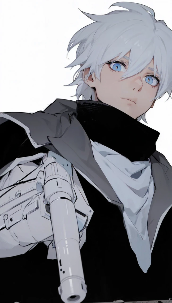 Boy with white hair;
shorth hair;
Messy hair;
eye white;
Some gun sight marks on the pupils;
wear black pants;
black jersey;
A white sweater;
A white scarf;
Snow white pupils The sniper is also white in color There&#39;s a white sniper on the back;


He is lying on the ground aiming with the sniper Right hands Symmetry Best quality No errors 

Sniper na mão 


((Faça ele segurar uma sniper branca simétrica sem erros e a mão segurando corretamente))


((Arma um pouco maior que o corpo))