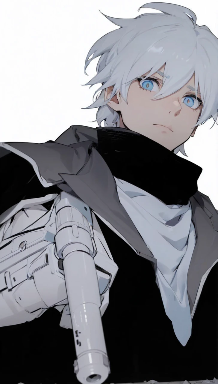 Boy with white hair;
shorth hair;
Messy hair;
eye white;
Some gun sight marks on the pupils;
wear black pants;
black jersey;
A white sweater;
A white scarf;
Snow white pupils The sniper is also white in color There's a white sniper on the back;
He is lying on the ground aiming with the sniper Right hands Symmetry Best quality No errors
Sniper na mão
((Faça ele segurar uma sniper branca simétrica sem erros e a mão segurando corretamente))
((Arma um pouco maior que o corpo))