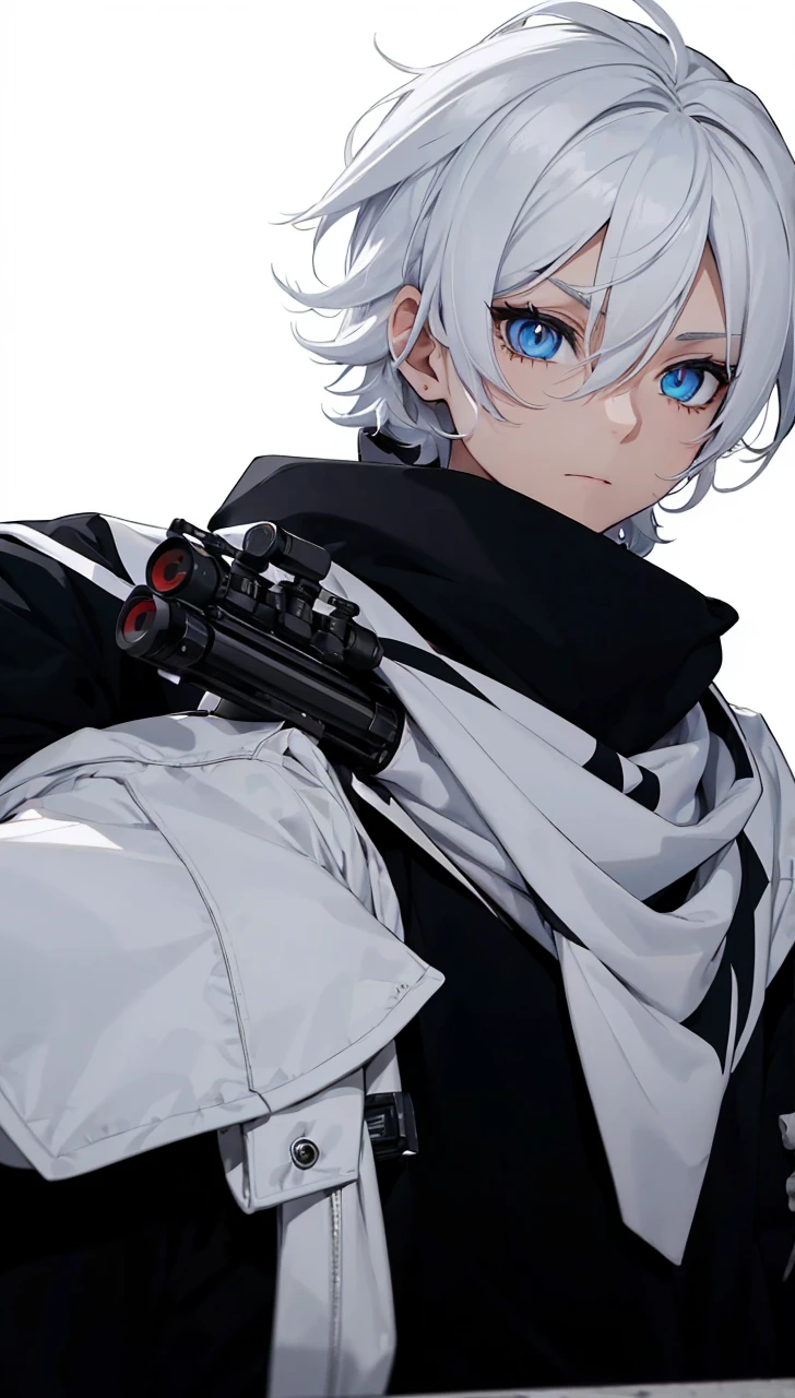 Boy with white hair;
shorth hair;
Messy hair;
eye white;
Some gun sight marks on the pupils;
wear black pants;
black jersey;
A white sweater;
A white scarf;
Snow white pupils The sniper is also white in color There&#39;s a white sniper on the back;


He is lying on the ground aiming with the sniper Right hands Symmetry Best quality No errors 

Sniper na mão 


((Faça ele segurar uma sniper branca simétrica sem erros e a mão segurando corretamente))


((Arma um pouco maior que o corpo))