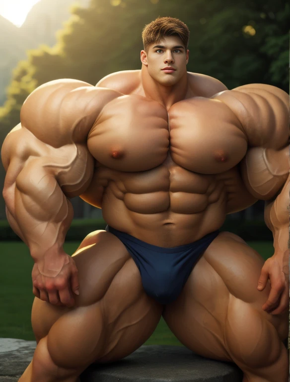 1boy, giant, alone, giant bodybuilder, golden hour, strong body, bulk, large size, staying on the sculpted wall, outdoor, nude, white triangular underwear, prominent bulge, extraordinary big, brutalmass, giant, muscular body, bulk, buff, massive body, large meaty body size, extremely wide body