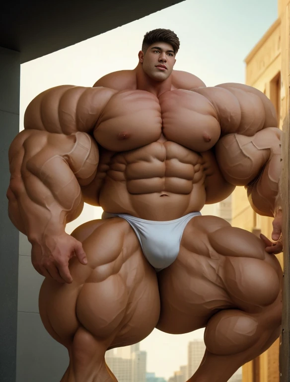 1boy, giant, alone, giant bodybuilder, golden hour, strong body, bulk, large size, staying on the sculpted wall, outdoor, nude, white triangular underwear, prominent bulge, extraordinary big, brutalmass, giant, muscular body, bulk, buff, massive body, large meaty body size, extremely wide body