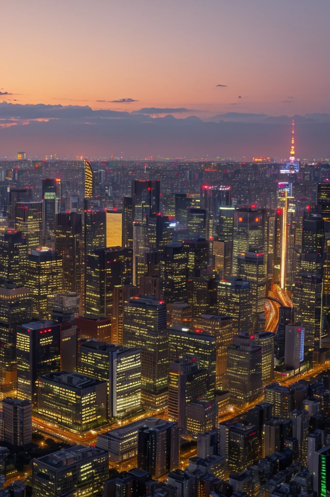 プロンプト: A panoramic view of the Tokyo skyline at sunset, buildings reflecting the warm orange light. High resolution, 9:16 aspect ratio, serene and peaceful atmosphere.