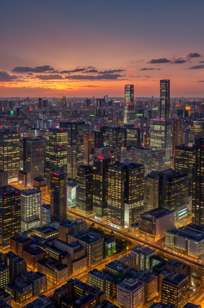 プロンプト: A panoramic view of the Tokyo skyline at sunset, buildings reflecting the warm orange light. High resolution, 9:16 aspect ratio, serene and peaceful atmosphere.