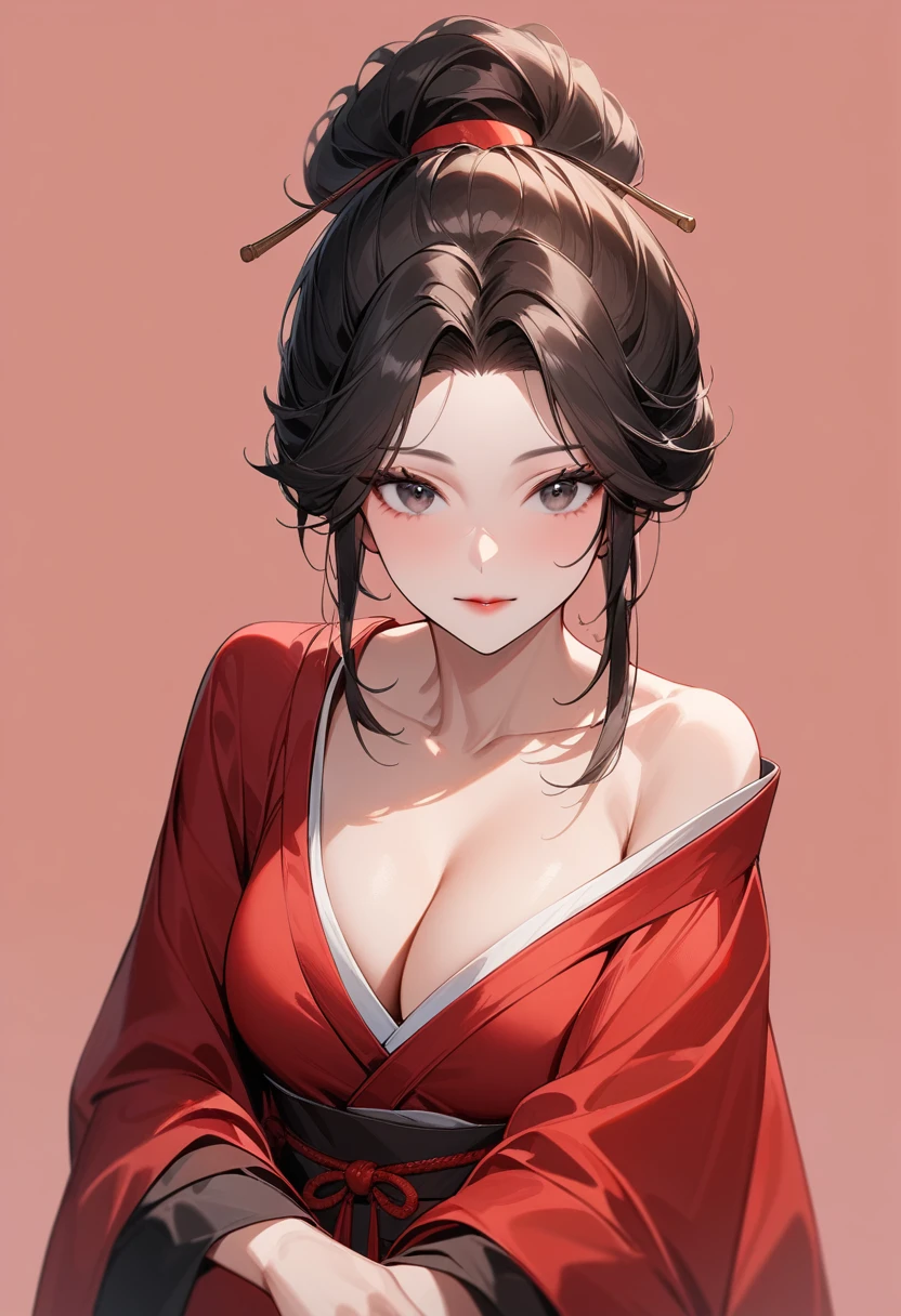 Mature women，Black long hair，Hair up，Red Hanfu，Showing cleavage，Show your shoulders，Beautiful black eyes，Extremely detailed，high resolution，Simple background