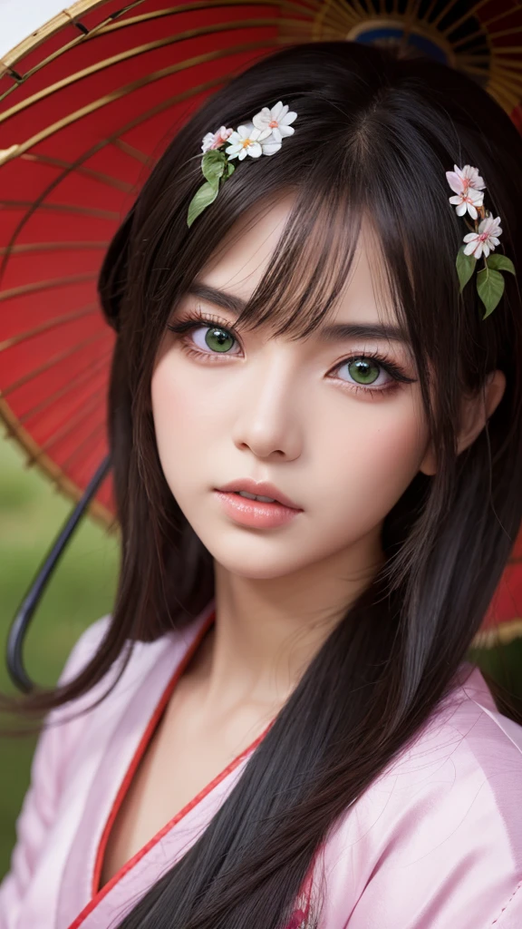 Anime Dark-skinned geisha with green eyes and umbrella, fan