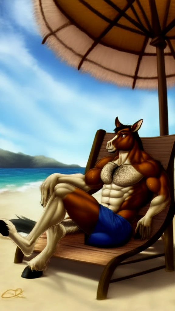 solo, anthropo, furry, furry male, Horse, ((fluffy, fluffy fur, hairy body)), ((large, very muscular body)), tail, highly detailed fluffy fur, ((highly detailed and drawn face )), ((extremely detailed eyes without error)), ((perfectly drawn eyes and pupils)), dark blue swimming trunks with detailed clothes, highly detailed torso, full body, very muscular, very prominent veins highly detailed, dripping body drops of sweat, sitting on a beach chair, ((masterpiece, high quality, high resolution, 8k had)), strong arms and legs, close-up portrait, looking at the viewer, outdoors during the day on a beach, sunshine, smile expression