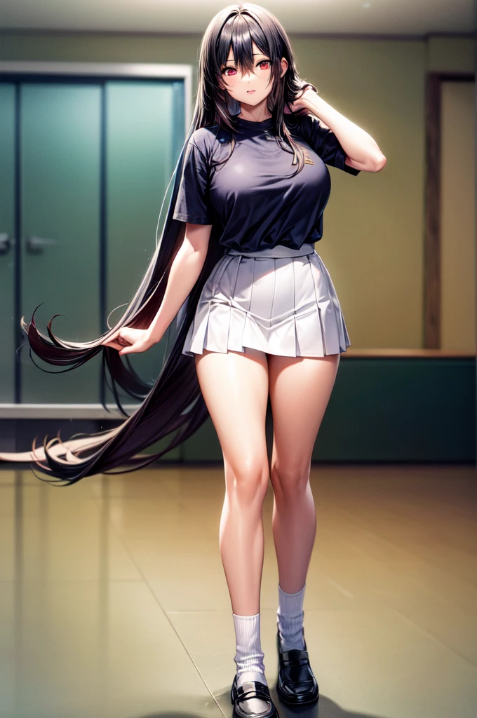 8K, underdetailed, masterpiece, high quality, highres, best quality, highres, 1girl, disheveled hair, illustration, focus on face, simple background, long hair, socks, black hair, hair between eyes, calm, long bangs, wolfcut, ribbons in hair, crimson red eyes, large breasts, very long hair, breasts, perfect face, perfect legs, pleated skirt, full lips, add_detail:-3