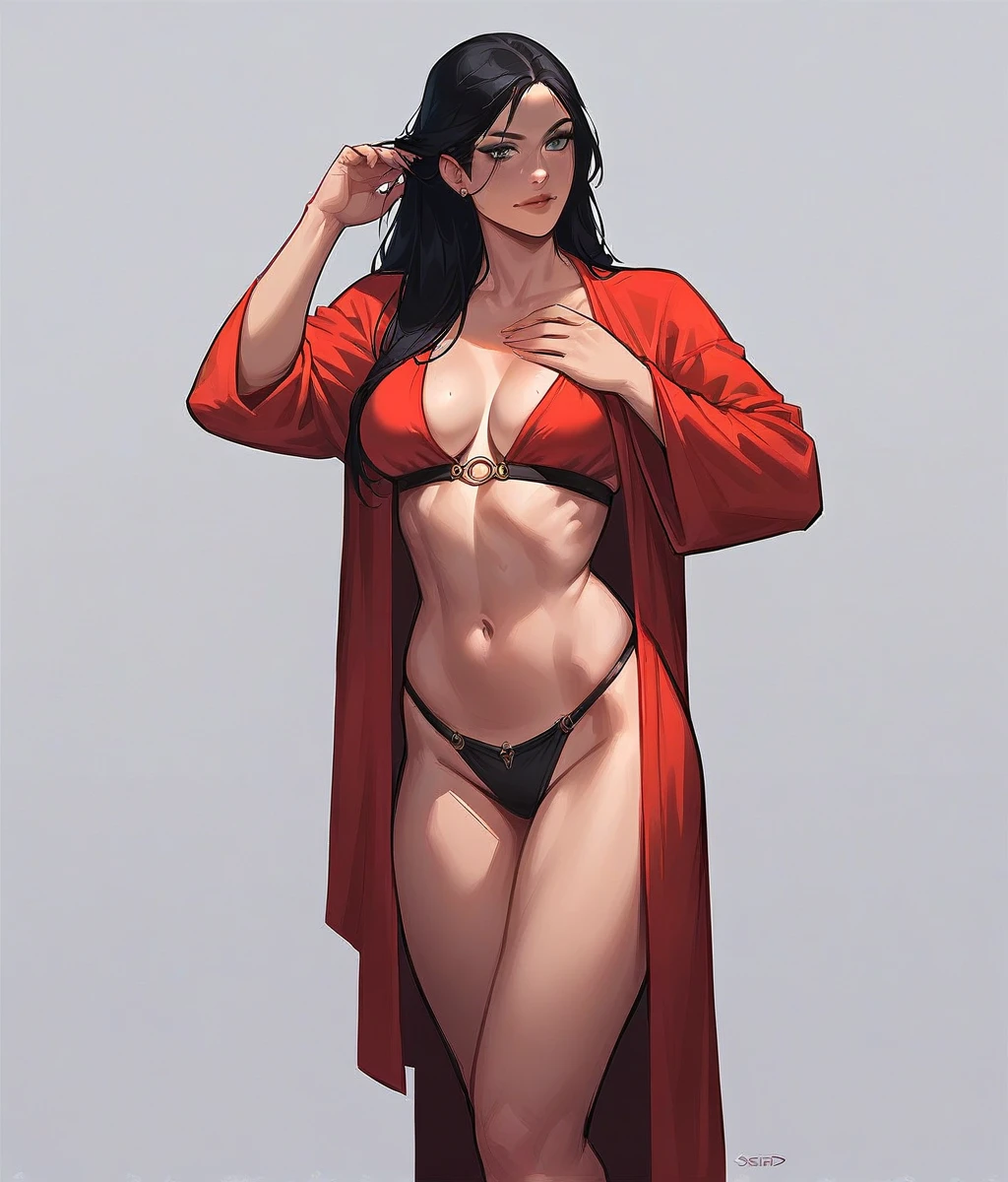 uploaded e621, score_9, score_8_up, score_7_up, score_6_up, score_5_up, score_4_up, rating_safe, smooth, source_furry, {realistic}, sorceress. sexy red robe, black panties, black hair, blank background