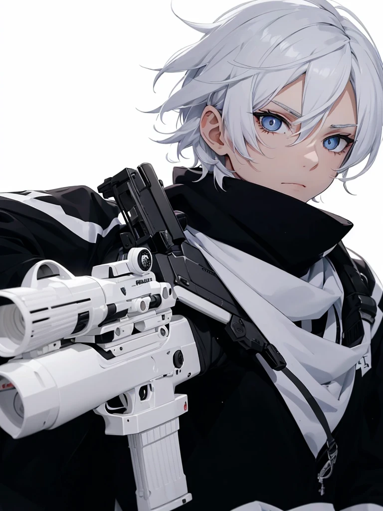 Boy with white hair;
shorth hair;
Messy hair;
eye white;
Some gun sight marks on the pupils;
wear black pants;
black jersey;
A white sweater;
A white scarf;
Snow white pupils The sniper is also white in color There&#39;s a white sniper on the back;


He is lying on the ground aiming with the sniper Right hands Symmetry Best quality No errors 

Sniper na mão 


((Faça ele segurar uma sniper branca simétrica sem erros e a mão segurando corretamente))


((Arma um pouco maior que o corpo))